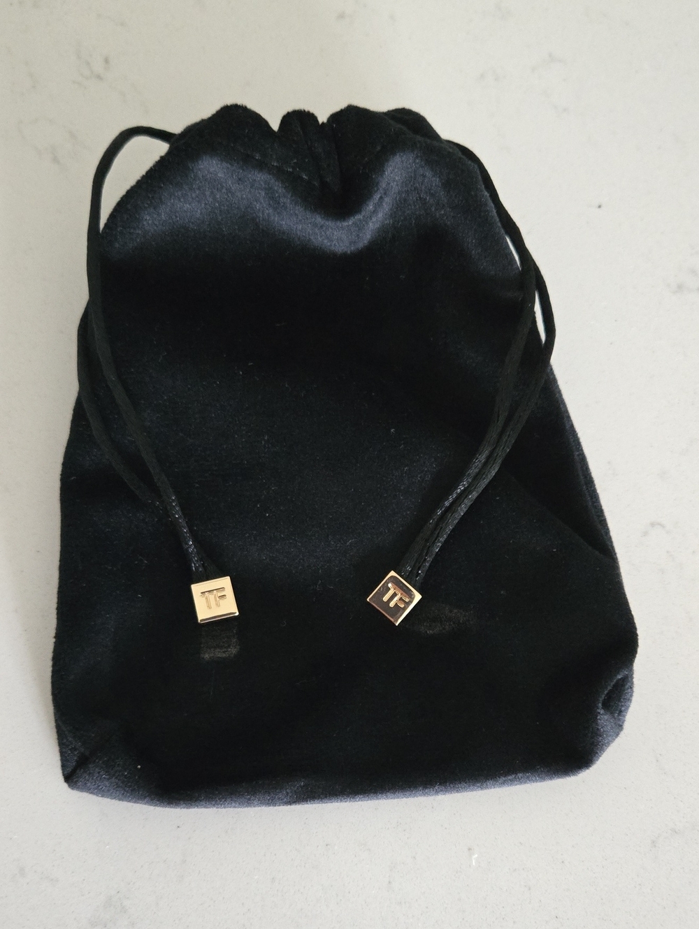 New Never Used Tom Ford Black Velvet Drawstring Pouch with Gold Accent TF